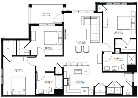 Floor plan for 3 beds, 2 baths, 1380 sqft